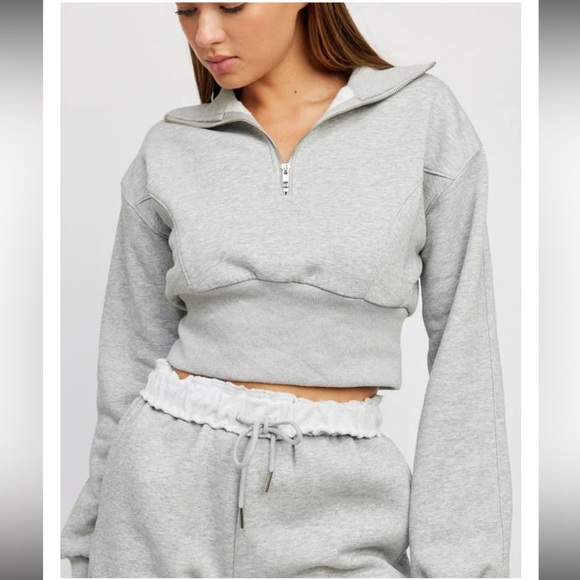 Emory Park Quarter Zip Mock Neck Sweatshirt Cropped Light Gray Womens Size Large - Picture 1 of 15